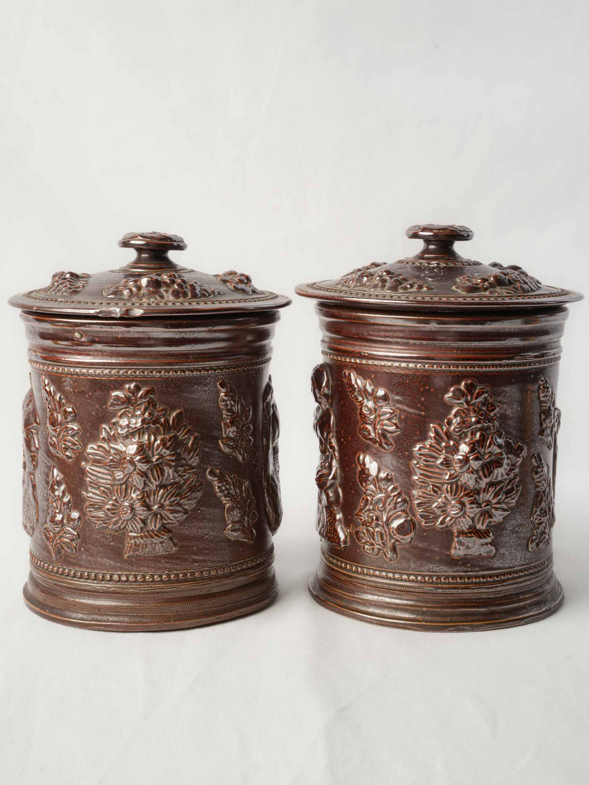 Pair of 19th-Century French Stoneware Tobacco Jars w/ Neoclassical Relief Decoration - 9¾"