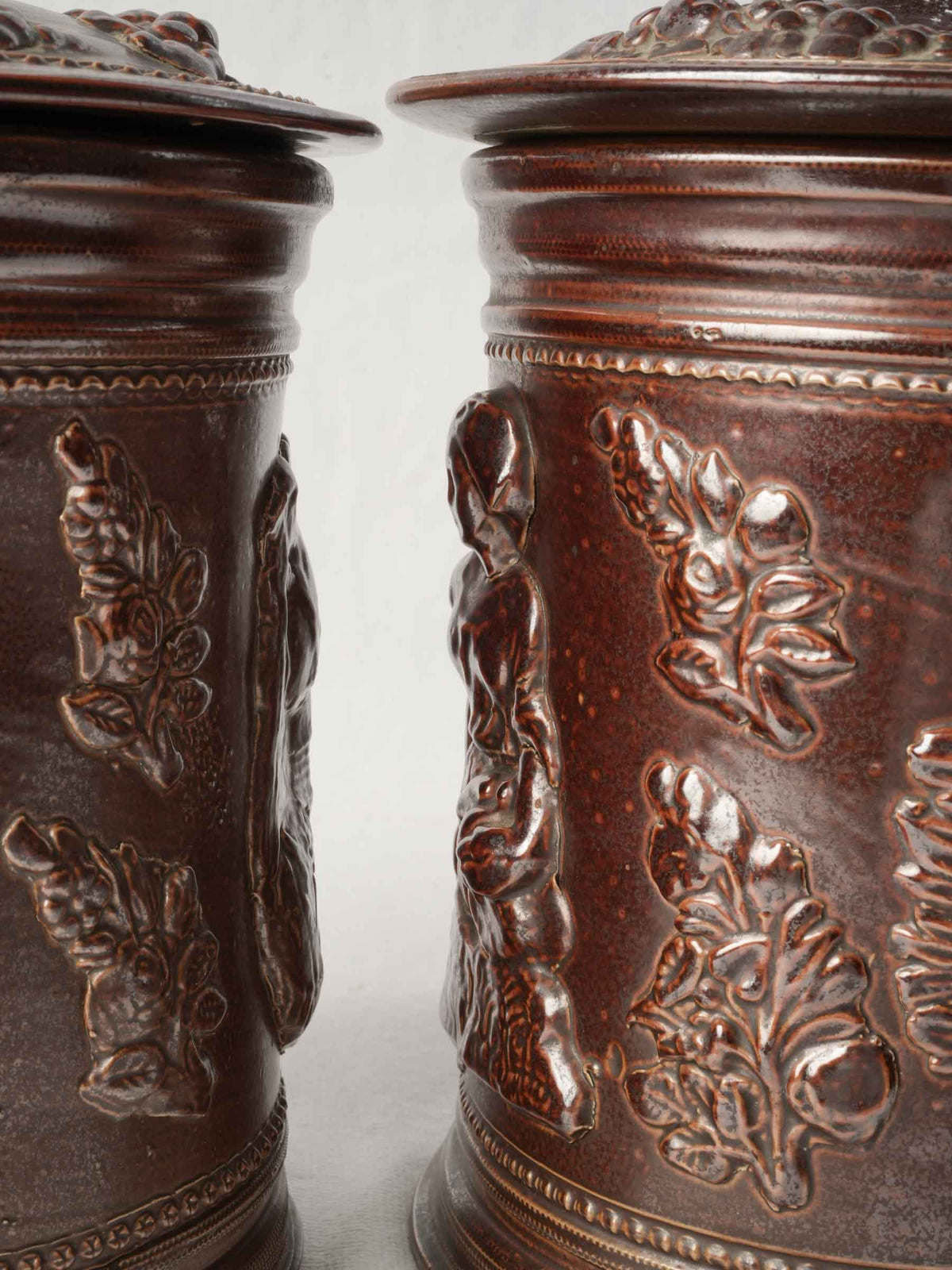 Pair of 19th-Century French Stoneware Tobacco Jars w/ Neoclassical Relief Decoration - 9¾"