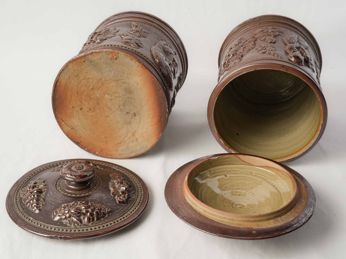 Pair of 19th-Century French Stoneware Tobacco Jars w/ Neoclassical Relief Decoration - 9¾"