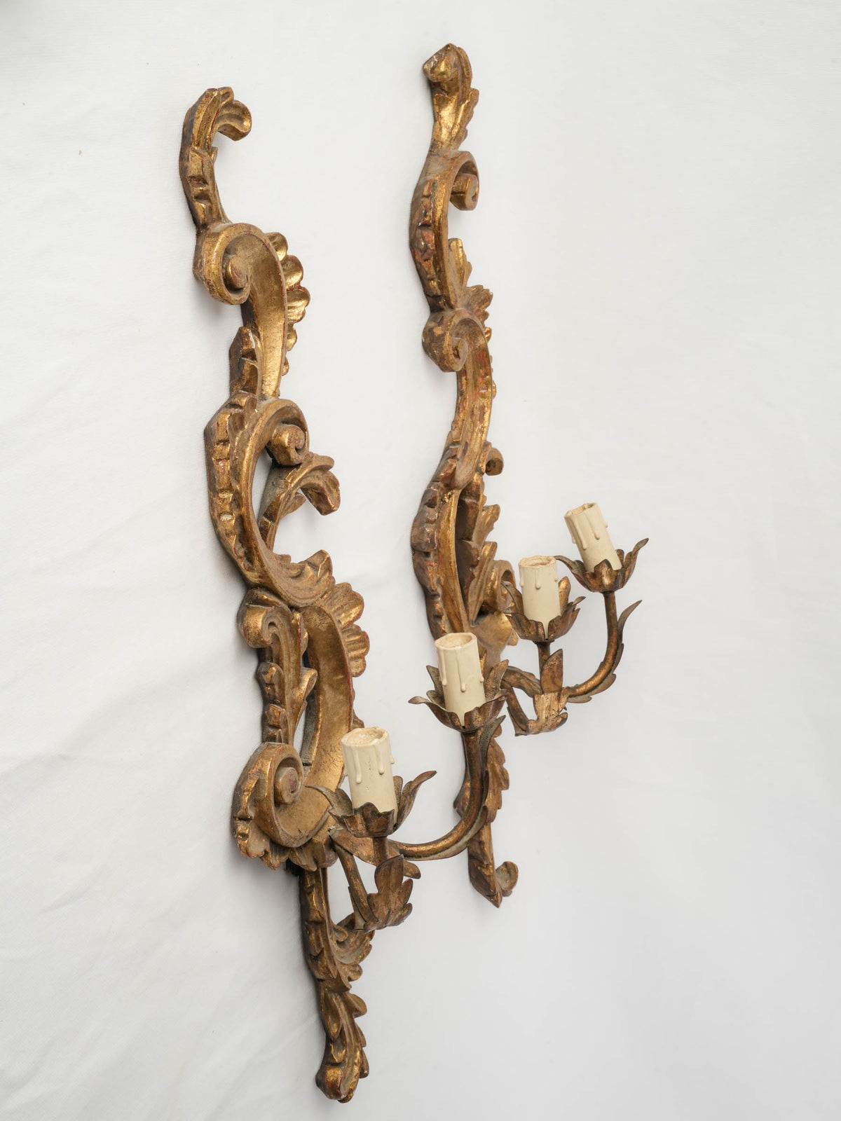Pair of Italian Giltwood Two-Light Rococo Revival Wall Sconces, circa 1900 - 24¾"
