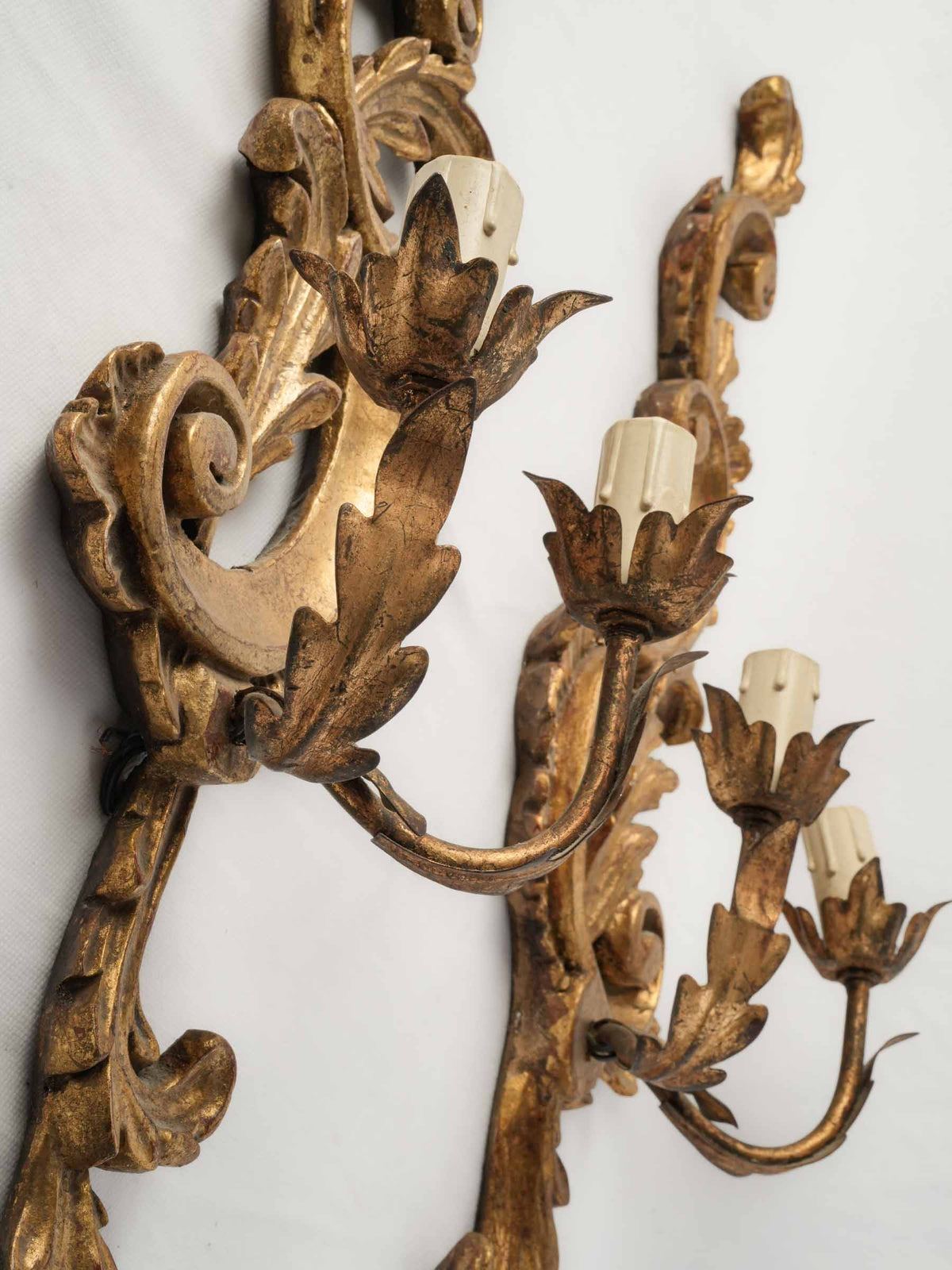 Pair of Italian Giltwood Two-Light Rococo Revival Wall Sconces, circa 1900 - 24¾"