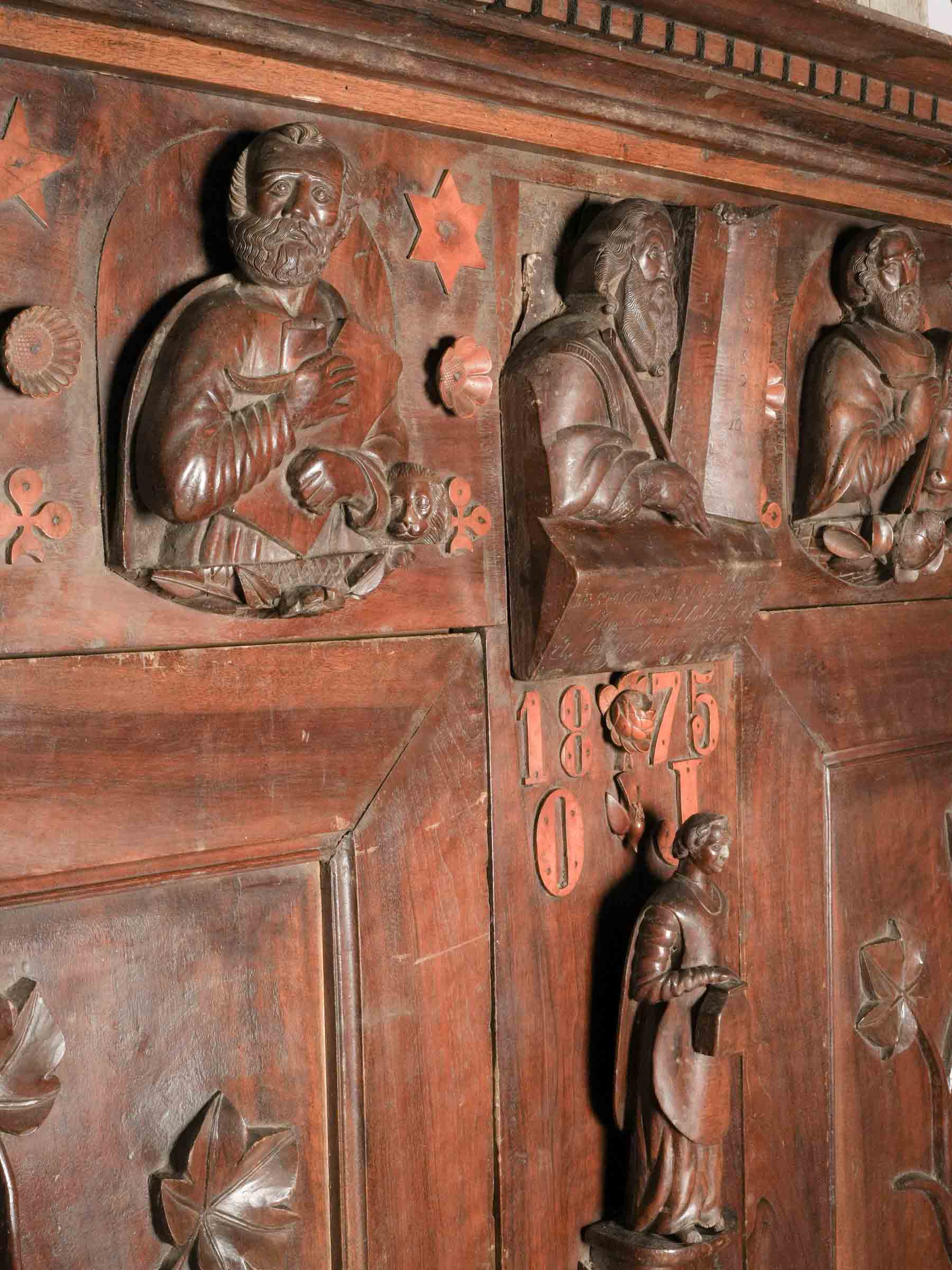 Exceptional French Folk-Art Walnut Armoire w/ Religious Iconography, Dated 1875 - 87" x 77¼"