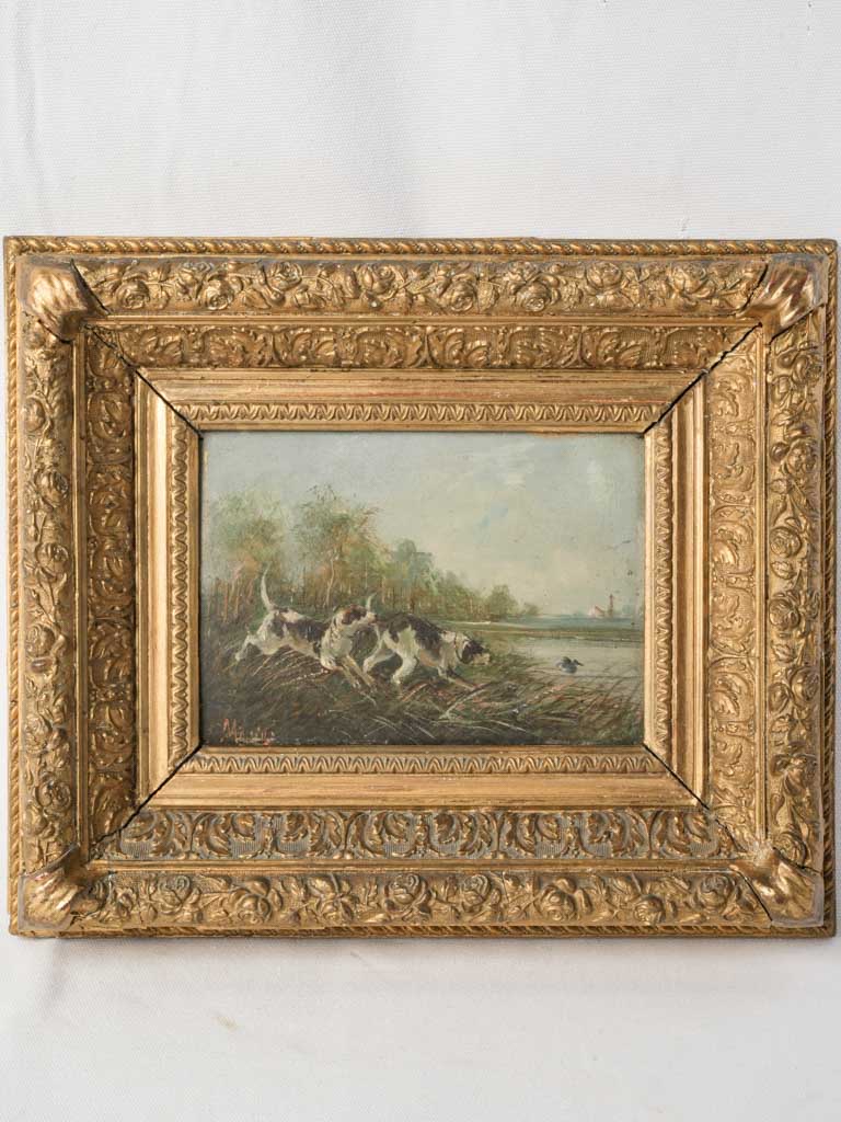 Antique ornate painting hunting scene