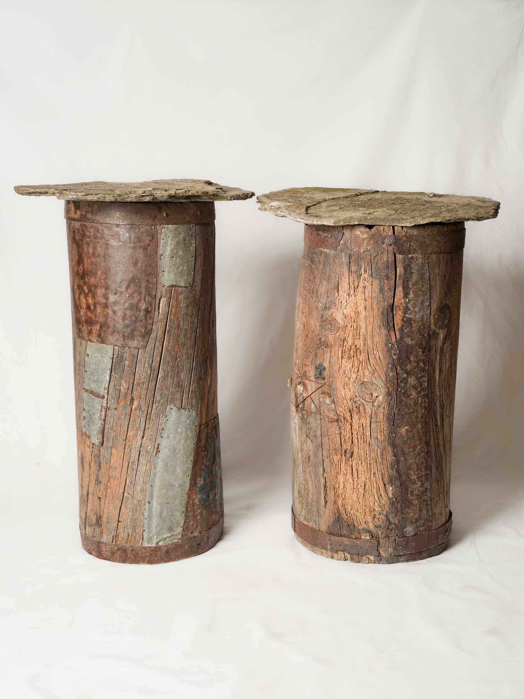Pair of Repurposed Cévennes Trunk Beehives with Stone Roofs - 31"
