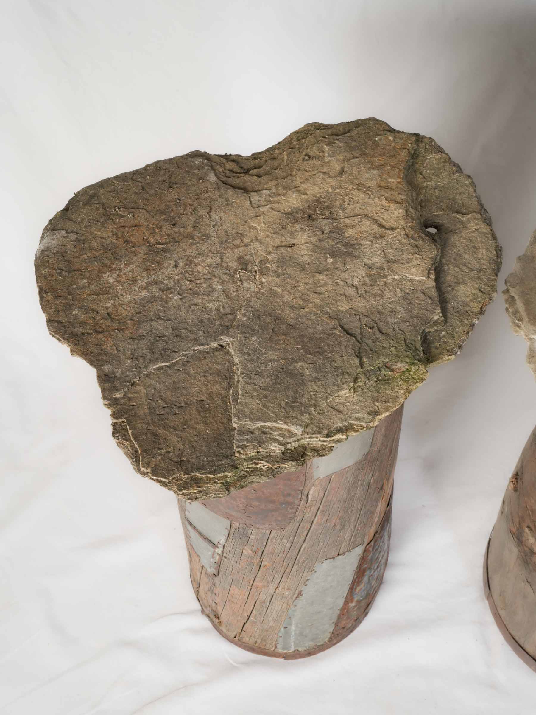 Pair of Repurposed Cévennes Trunk Beehives with Stone Roofs - 31"