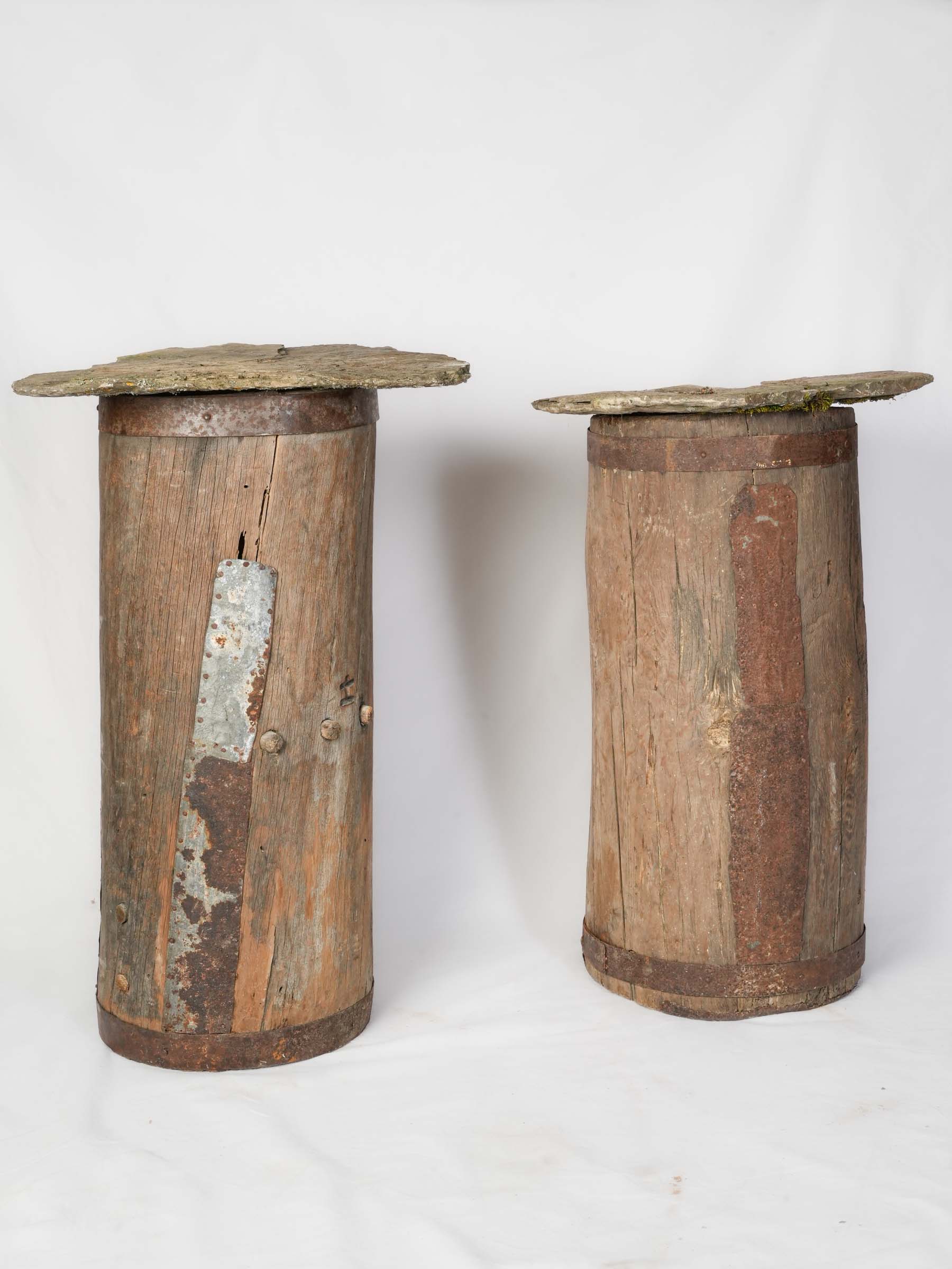Pair of Repurposed Cévennes Trunk Beehives with Stone Roofs - 31"