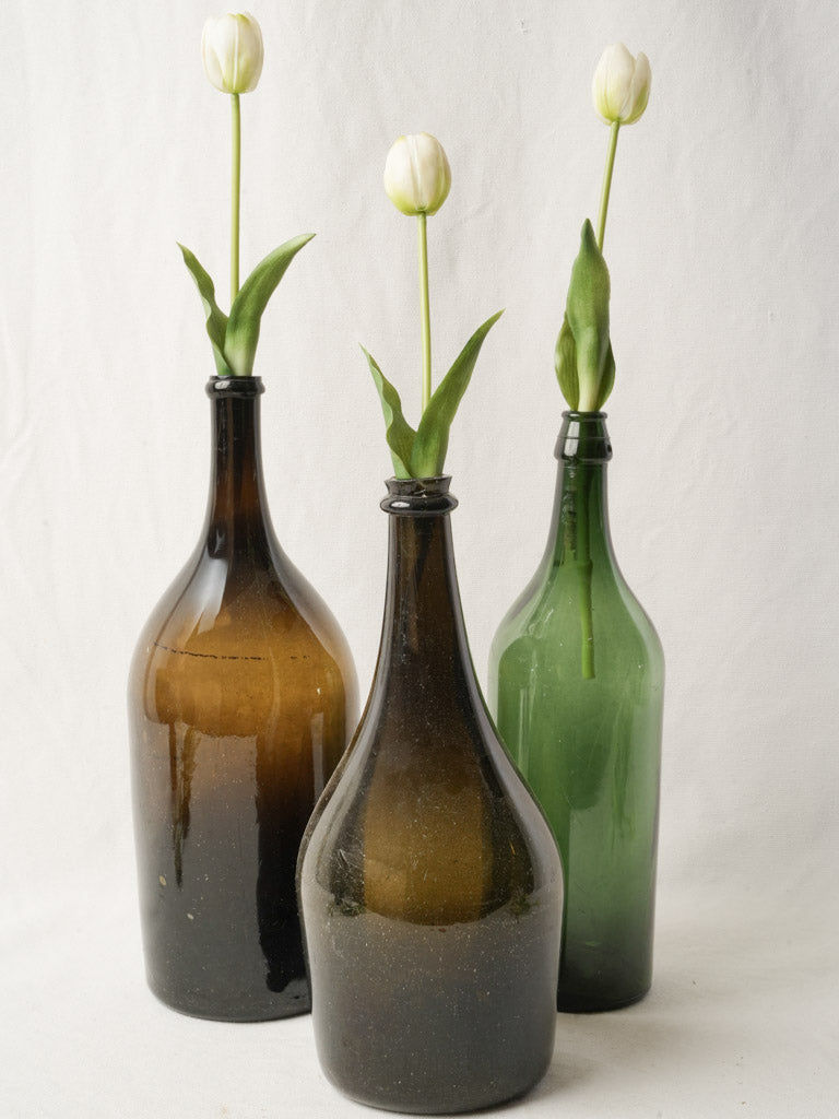 Set of 3 Antique French Hand Blown Wine Bottles in Green and Amber Glass - 15¾"