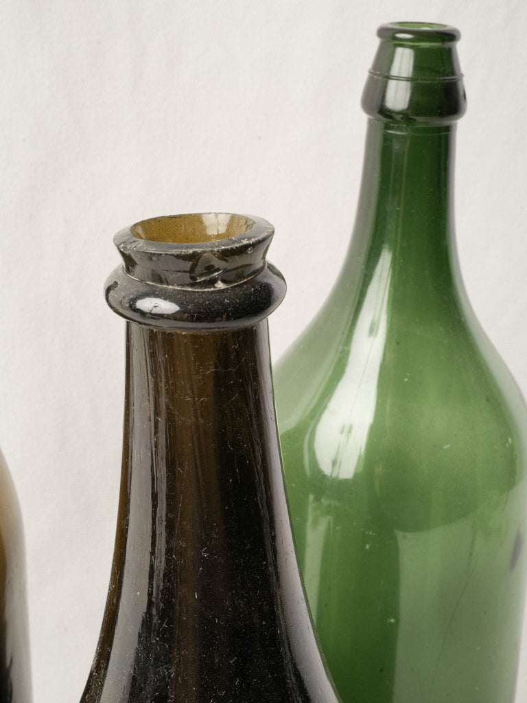 Set of 3 Antique French Hand Blown Wine Bottles in Green and Amber Glass - 15¾"