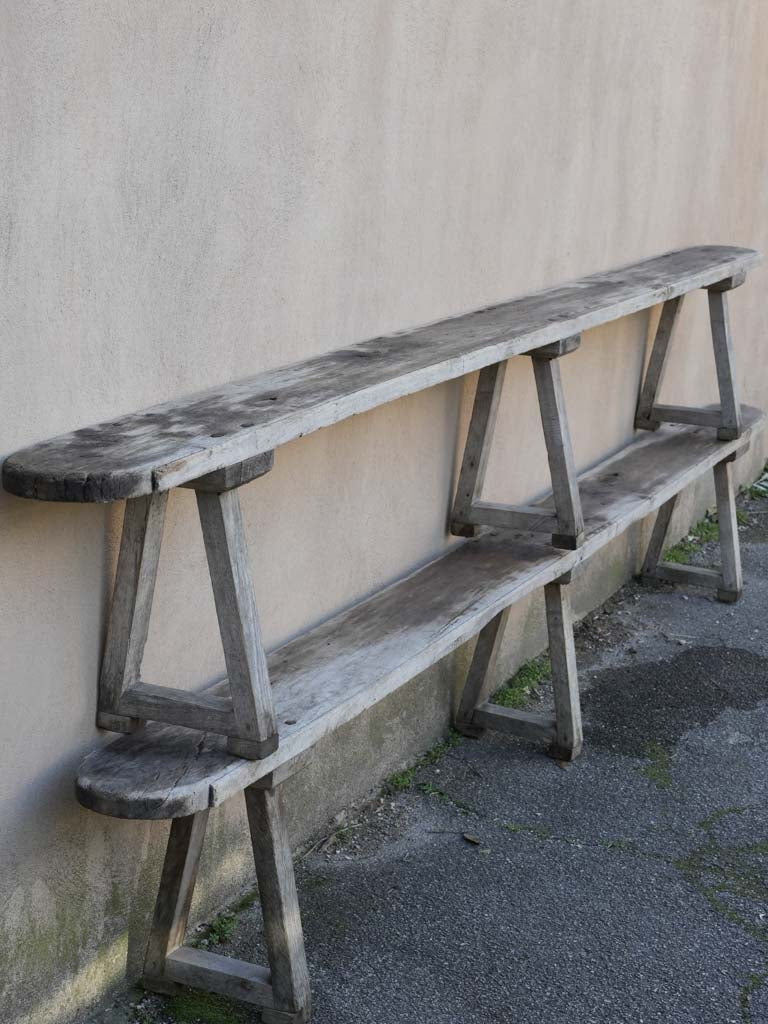 Charming, weathered French guinguette wooden benches