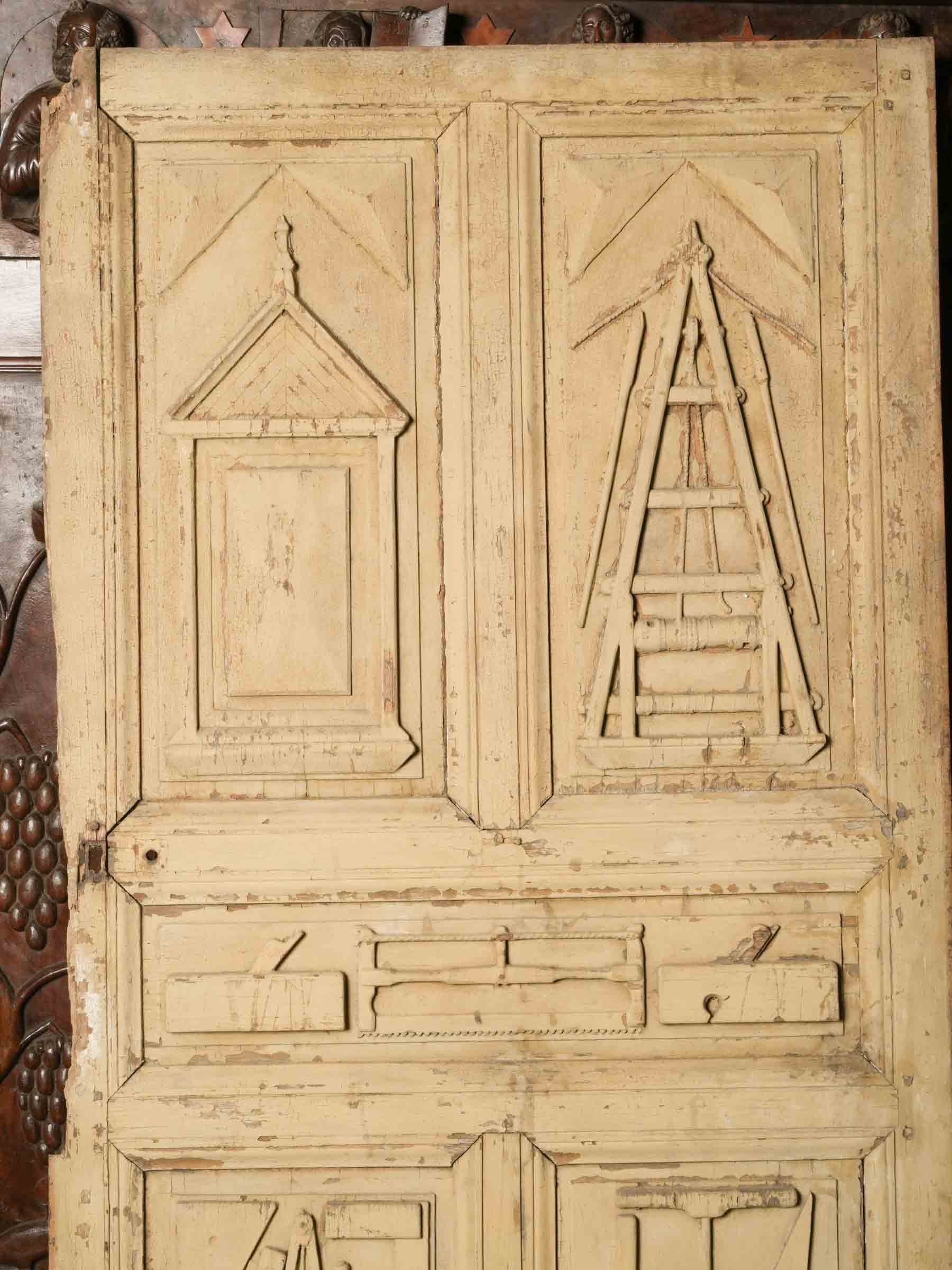 Rare French Compagnonnage Temple Door w/ Carpenter and Joiner Emblems, 19th Century - 80¾" x 40¼"