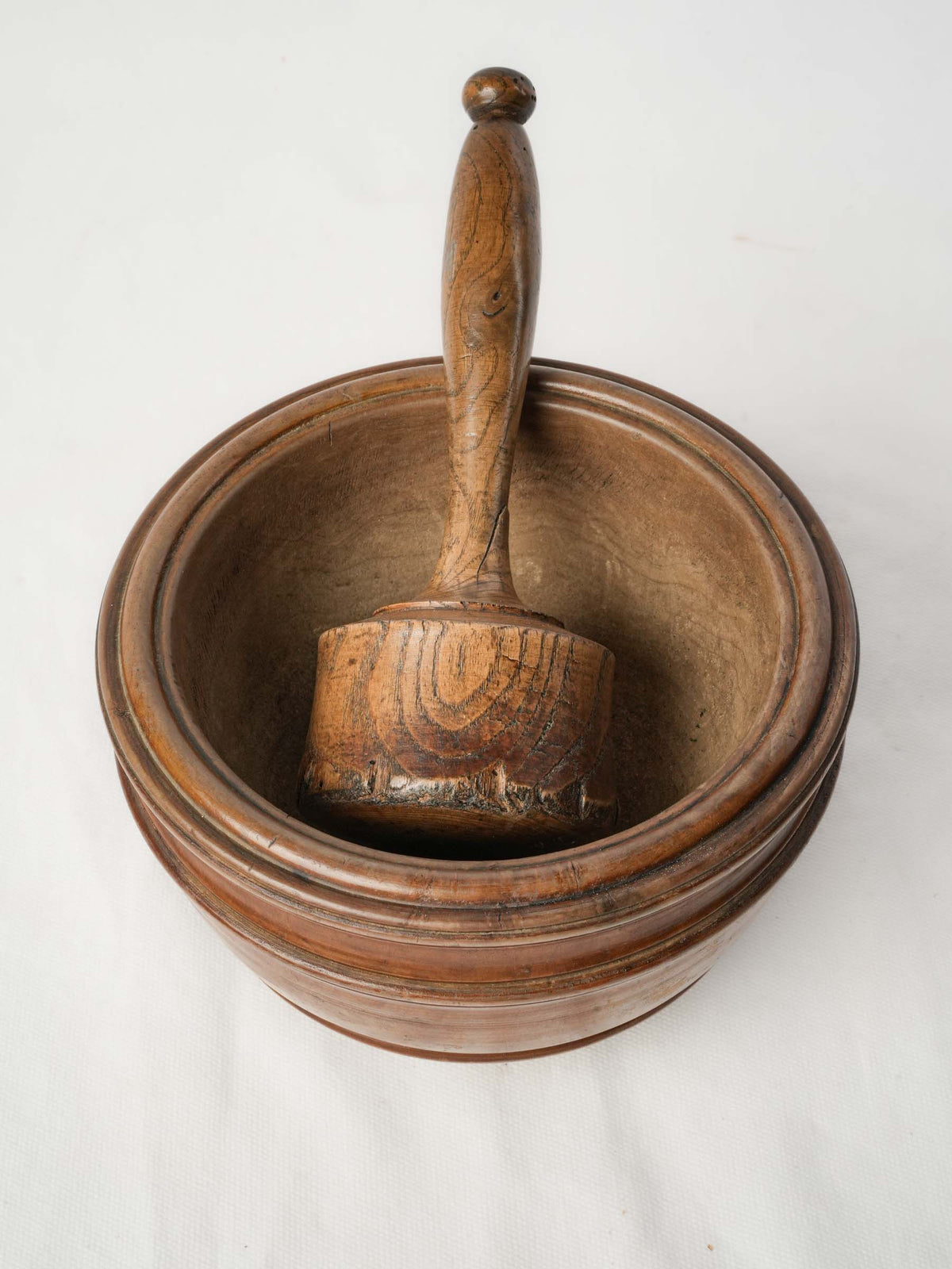 Antique French Turned-Wood Mortar and Pestle w/ Warm Patina - 4¾"