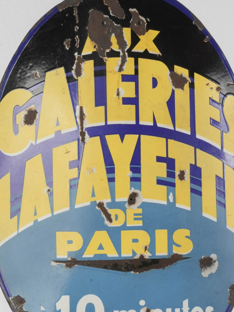 Rare Art Deco Enamel Advertising Sign for Galeries Lafayette Paris c. 1930 - 39½"