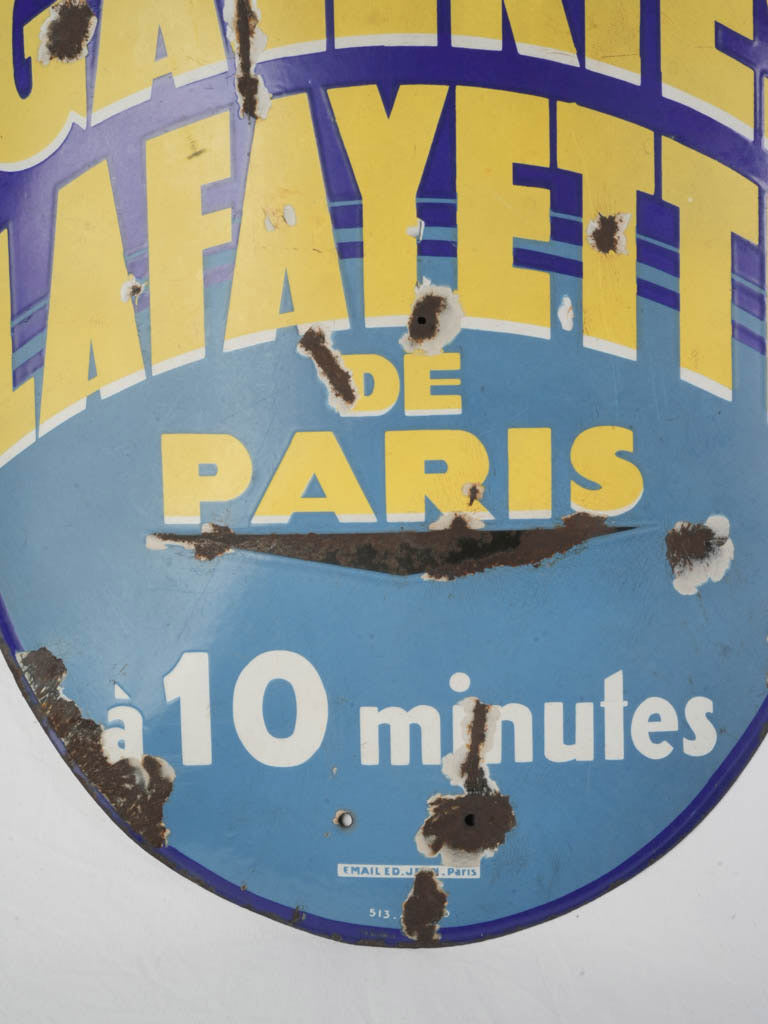 Rare Art Deco Enamel Advertising Sign for Galeries Lafayette Paris c. 1930 - 39½"