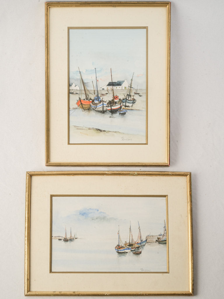 Pair of French Marine Watercolors of Sailboats at Low Tide Signed Bessac - 16¼" x 12¼"
