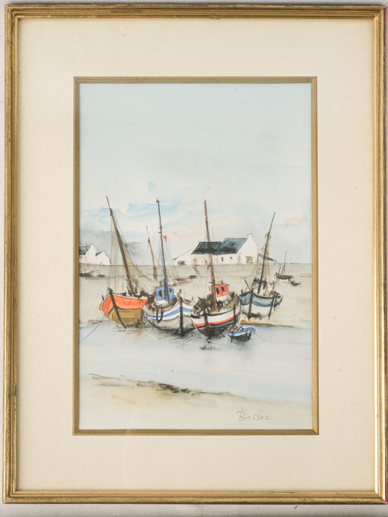 Pair of French Marine Watercolors of Sailboats at Low Tide Signed Bessac - 16¼" x 12¼"