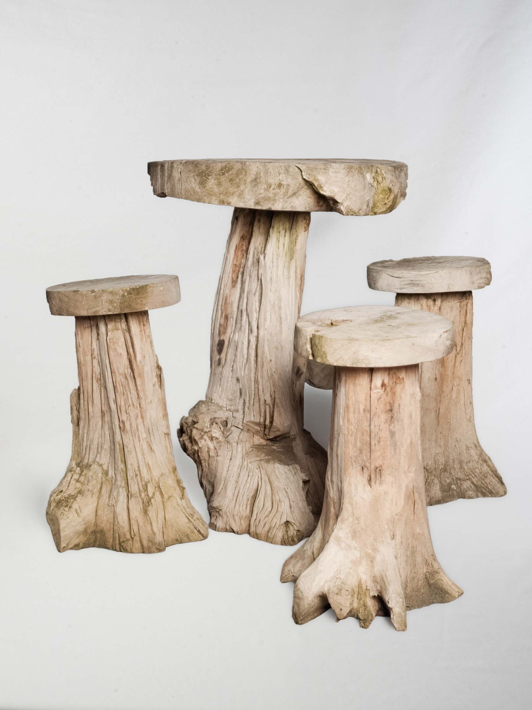 Naturalistic Driftwood Table and Three-Stool Ensemble, 20th Century.