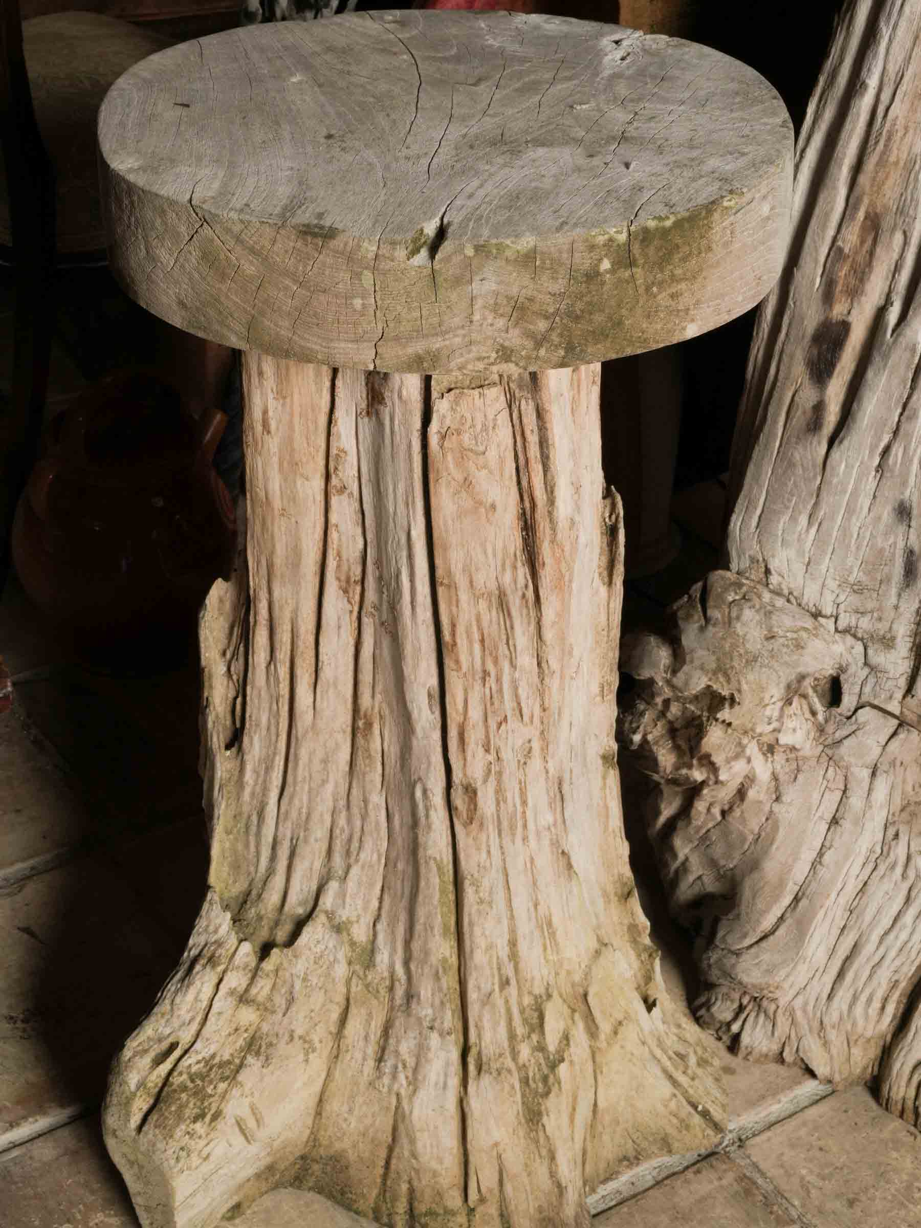Naturalistic Driftwood Table and Three-Stool Ensemble, 20th Century.