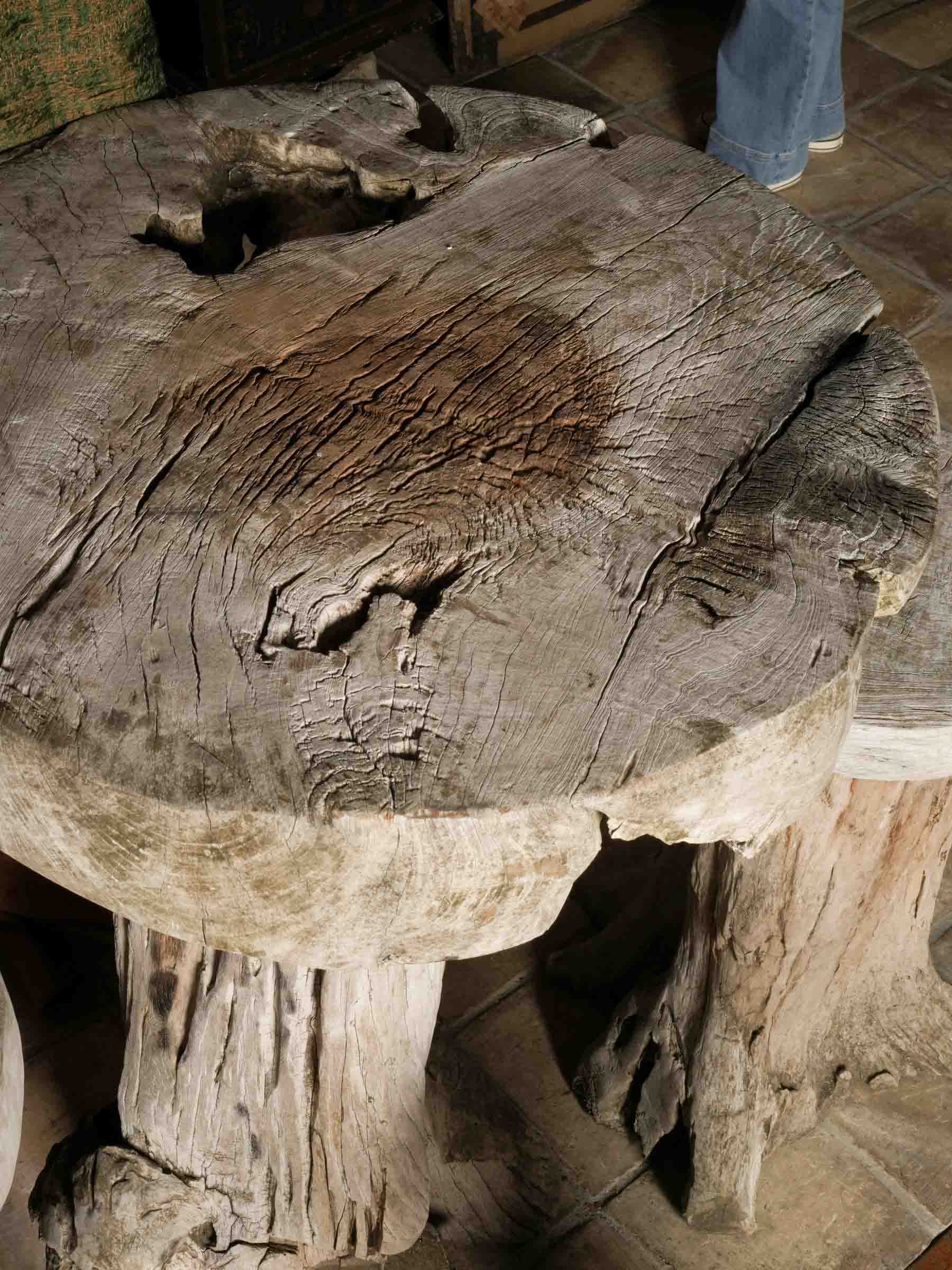 Naturalistic Driftwood Table and Three-Stool Ensemble, 20th Century.