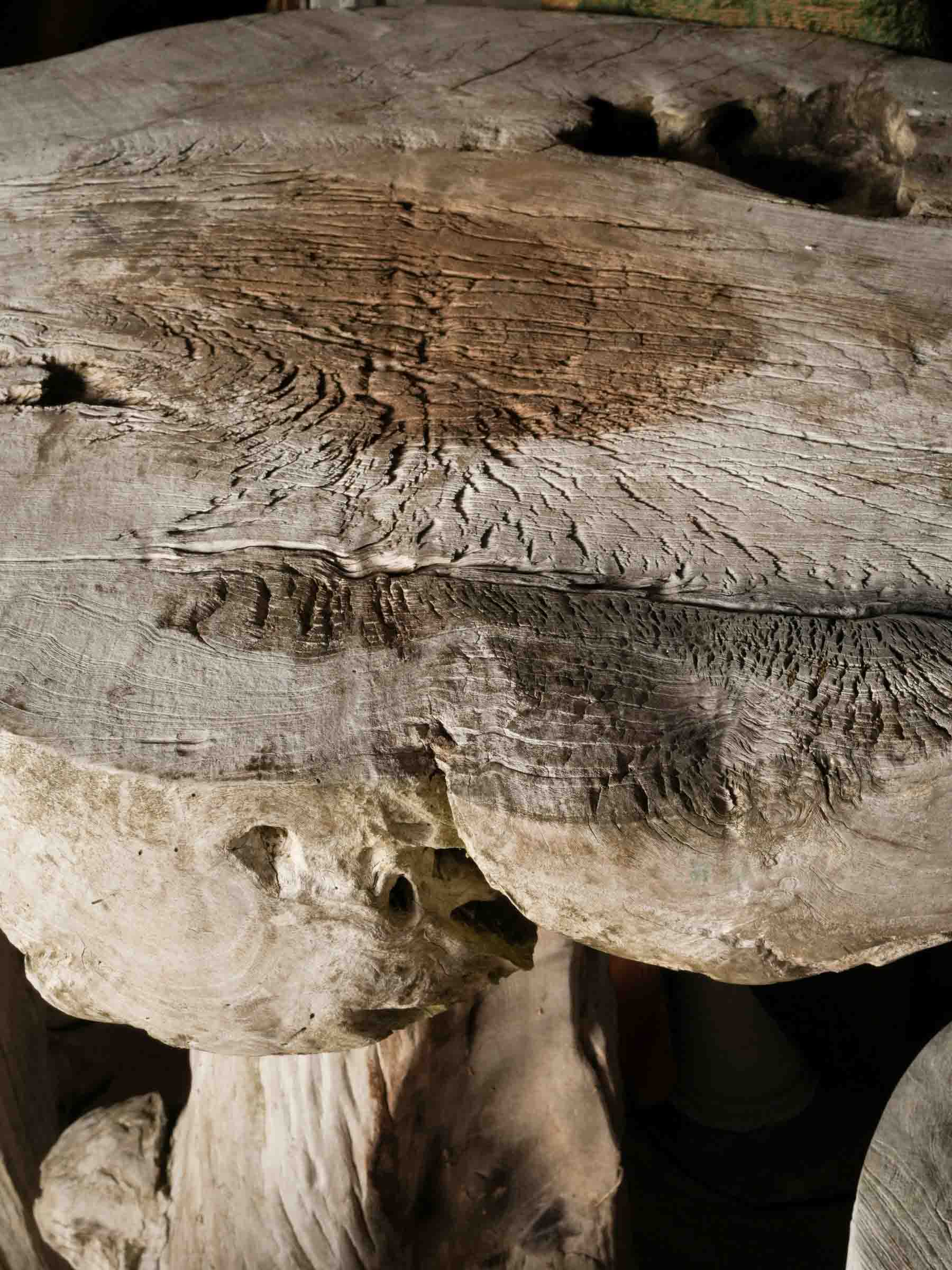 Naturalistic Driftwood Table and Three-Stool Ensemble, 20th Century.