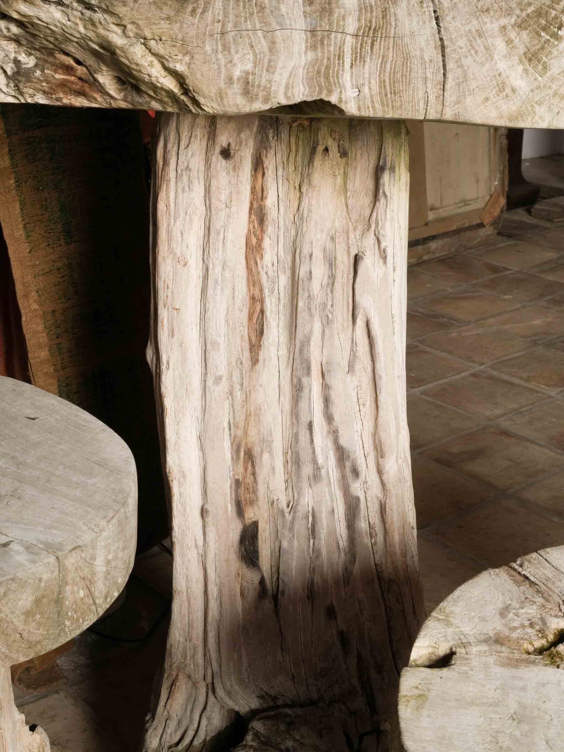 Naturalistic Driftwood Table and Three-Stool Ensemble, 20th Century.