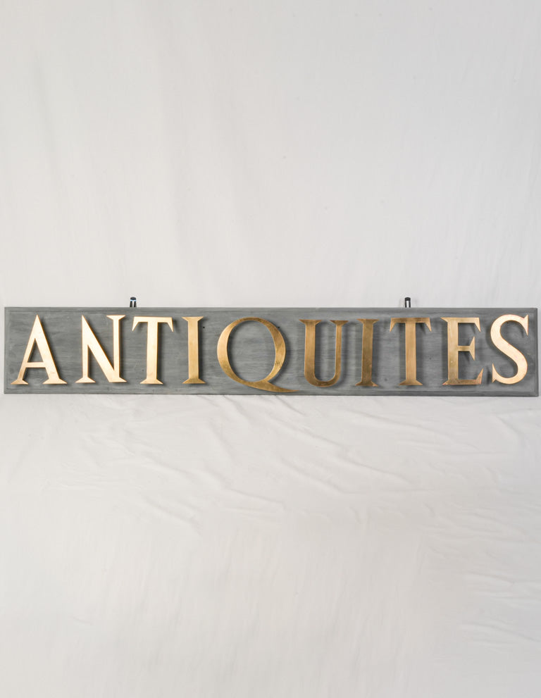 Mid 20th Century French Antiquité Shop Sign in Gilt Brass Letters on Wood - 80¼"
