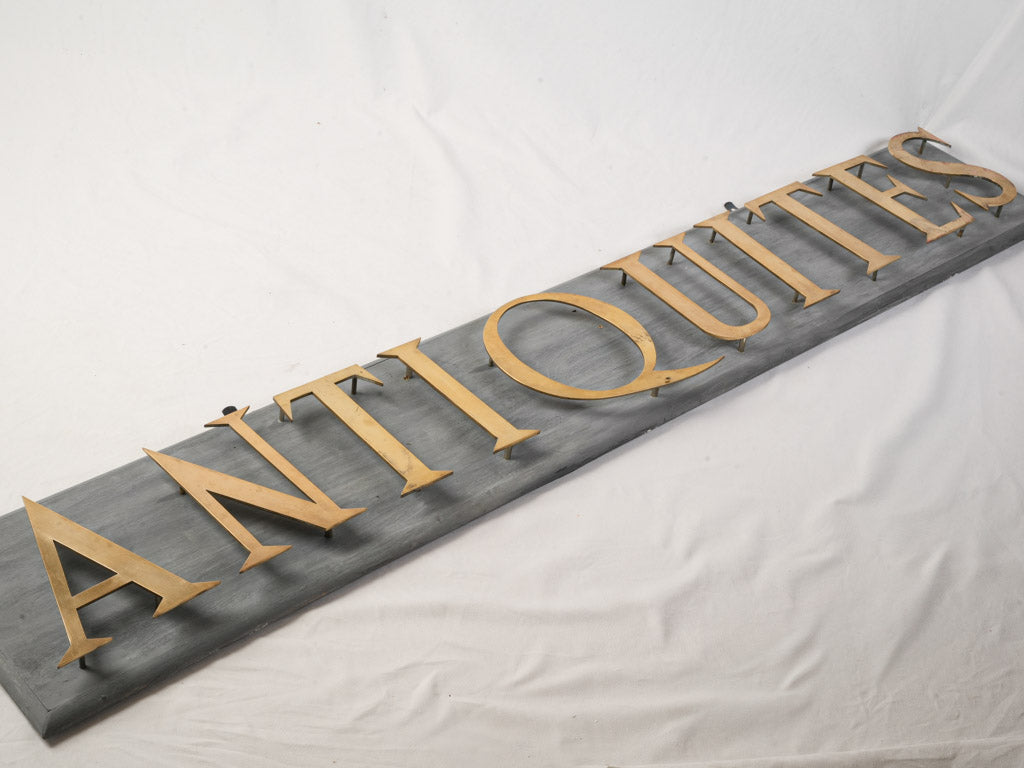 Mid 20th Century French Antiquité Shop Sign in Gilt Brass Letters on Wood - 80¼"