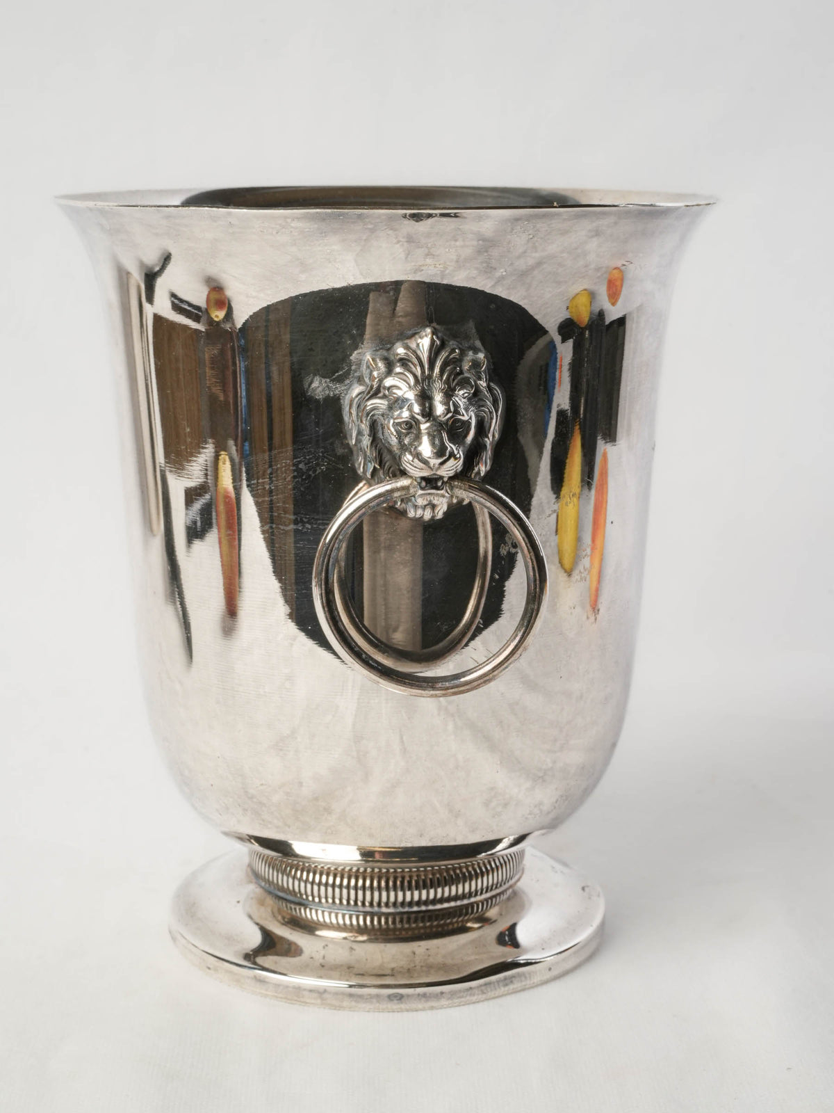 French Mid-20th-Century Silvered-Metal Cooler w/ Lion-Mask Ring Handles - 9½"