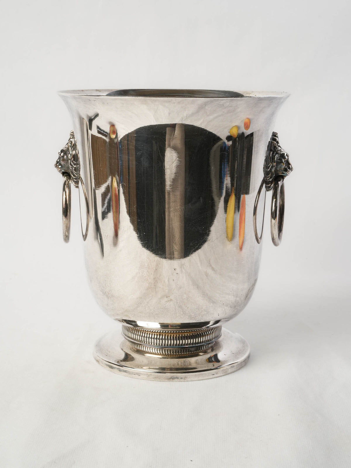 French Mid-20th-Century Silvered-Metal Cooler w/ Lion-Mask Ring Handles - 9½"