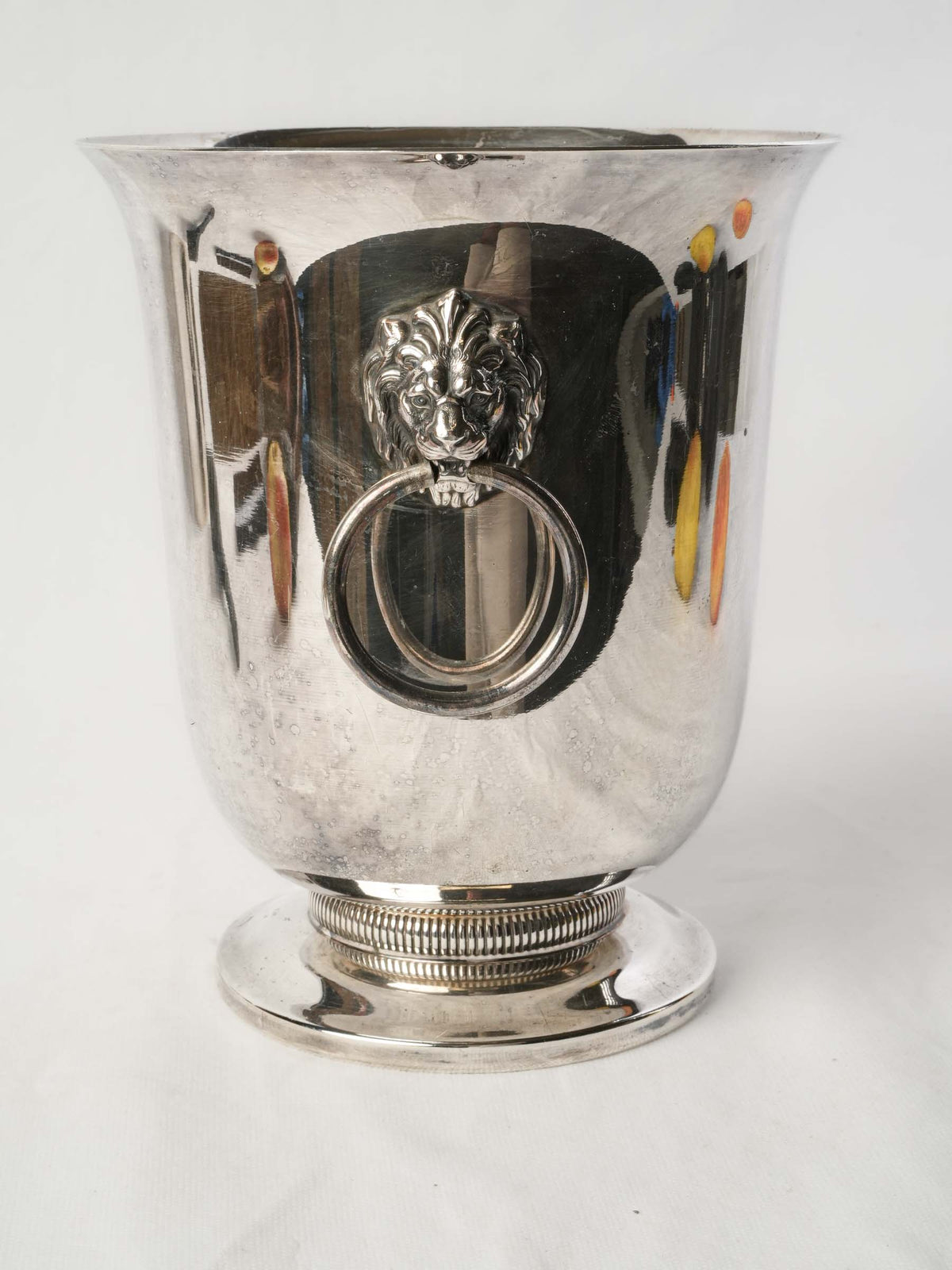 French Mid-20th-Century Silvered-Metal Cooler w/ Lion-Mask Ring Handles - 9½"