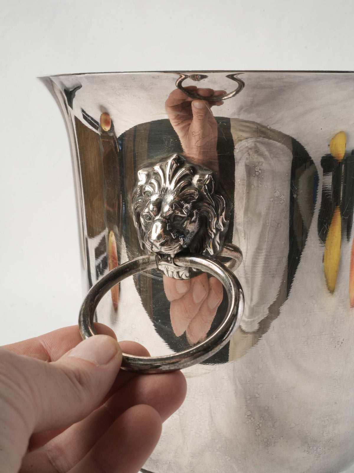 French Mid-20th-Century Silvered-Metal Cooler w/ Lion-Mask Ring Handles - 9½"
