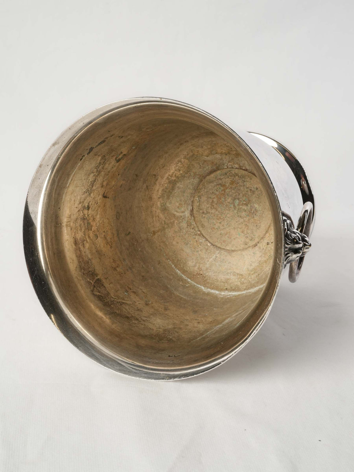 French Mid-20th-Century Silvered-Metal Cooler w/ Lion-Mask Ring Handles - 9½"