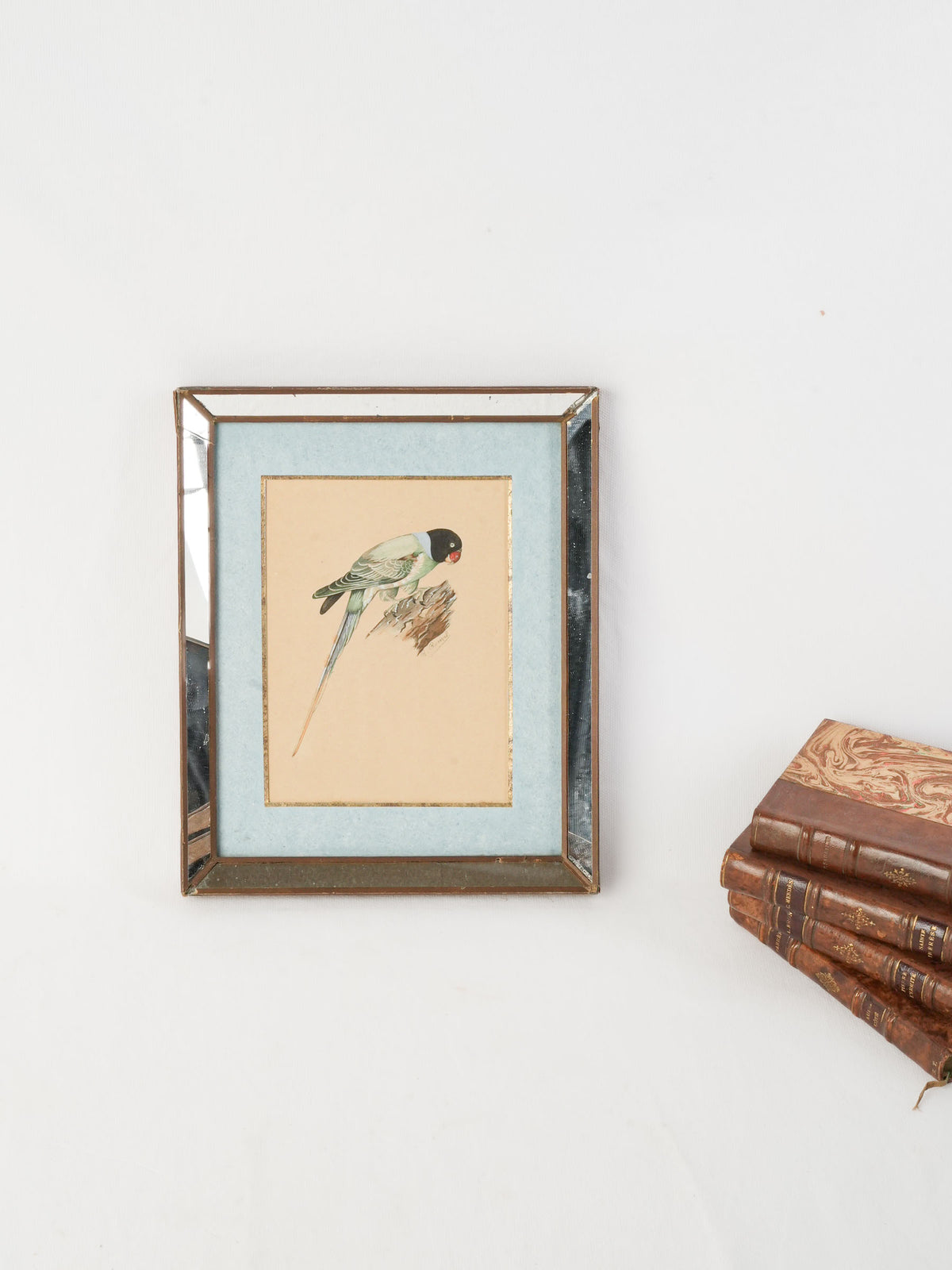Small Signed Gouache of a Parakeet in a Mirrored Frame, c.1930s-1950s - 11¾" x 9¾"