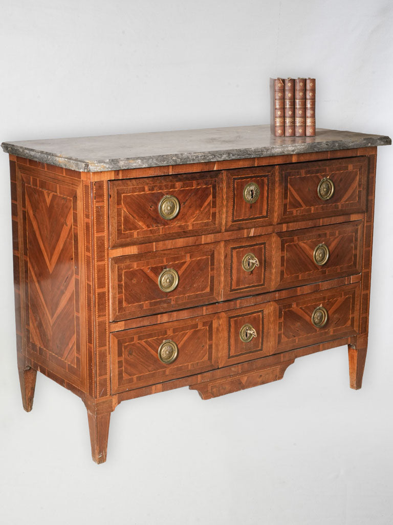 French Louis XVI Period Marquetry Commode Desk with Grey Marble Top - 35" x 45"