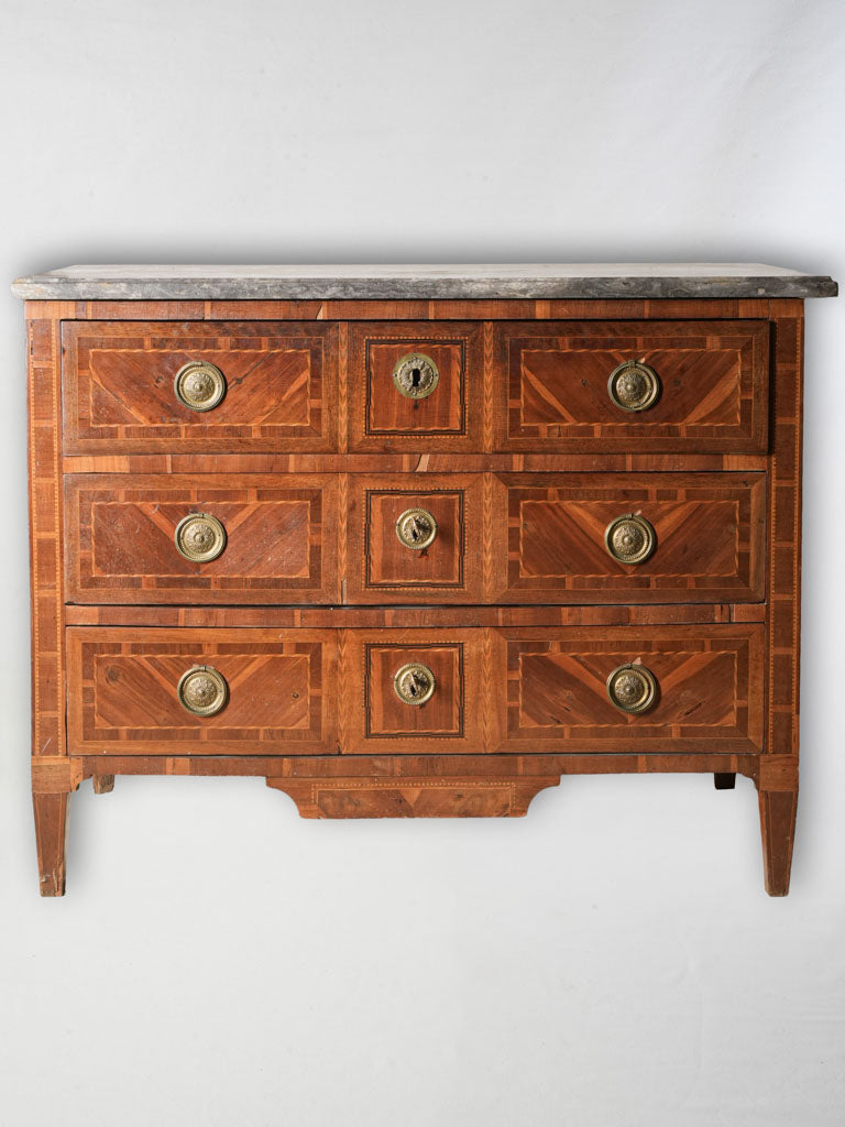 French Louis XVI Period Marquetry Commode Desk with Grey Marble Top - 35" x 45"
