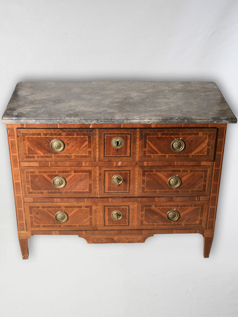 French Louis XVI Period Marquetry Commode Desk with Grey Marble Top - 35" x 45"