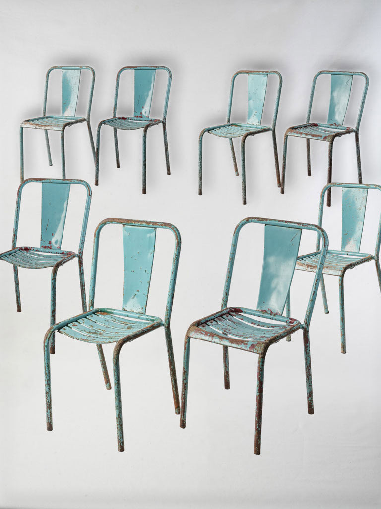 Set of Eight Tolix T4 Stacking Garden Chairs by Xavier Pauchard Mid 20th Century in Turquoise Blue