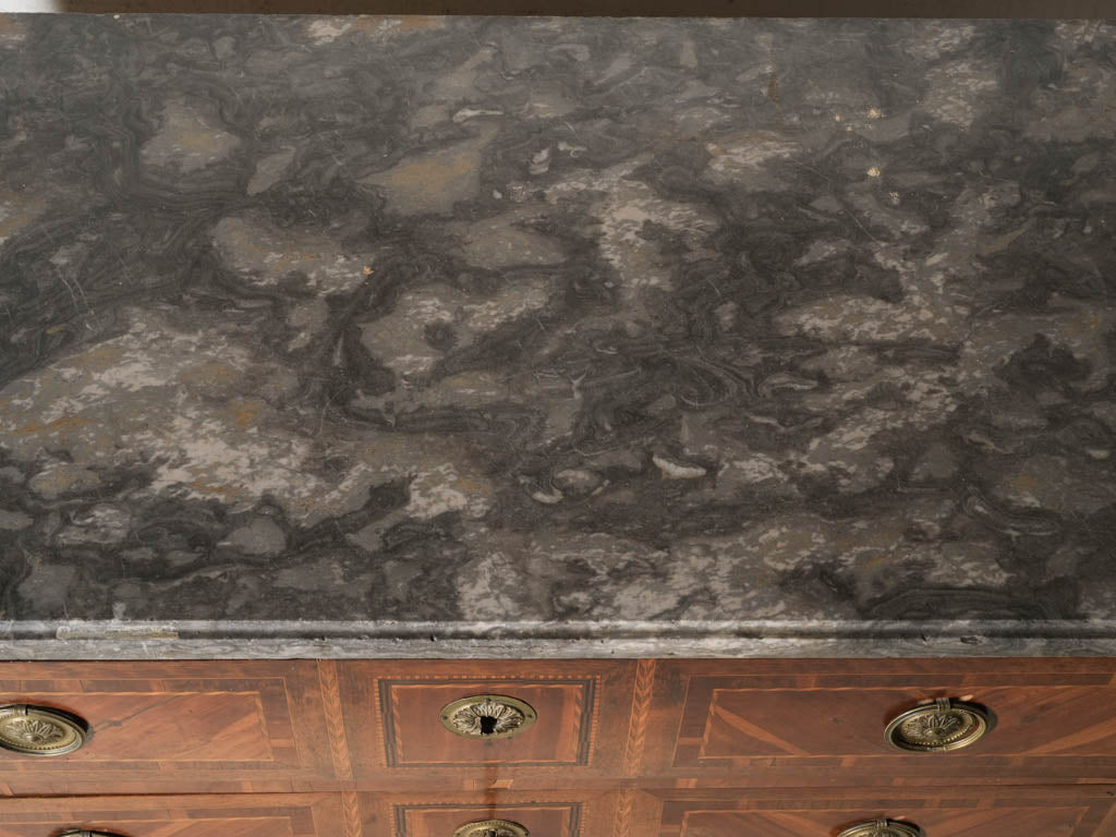 French Louis XVI Period Marquetry Commode Desk with Grey Marble Top - 35" x 45"
