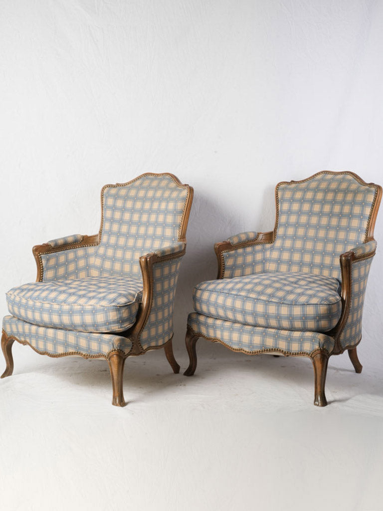 Pair of Late 19th Century Louis XV Style Bergères w/ Blue Checked Upholstery - 33"