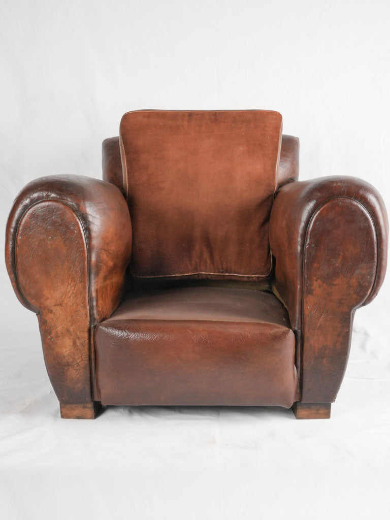 Large 1930s Havana moustache back leather club chair