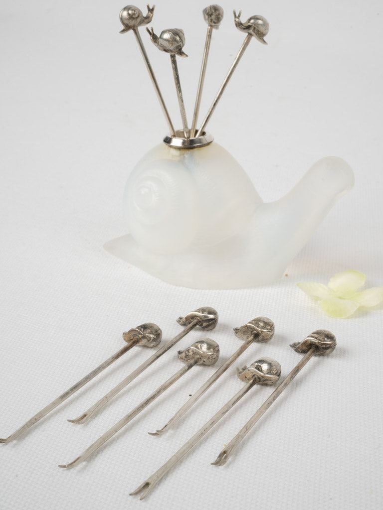 10 Escargot picks in translucent glass snail holder – Chez Pluie