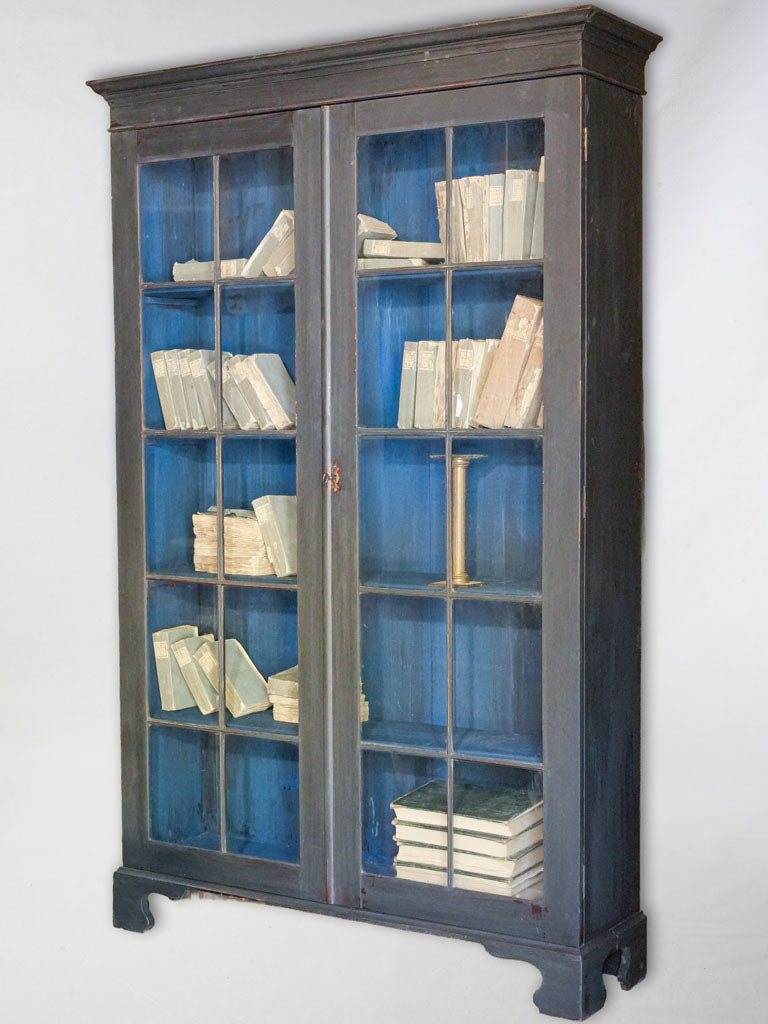 Compact Painted Bookcase w/ Glass Doors in Black and Blue c. 1880 - 78¼"