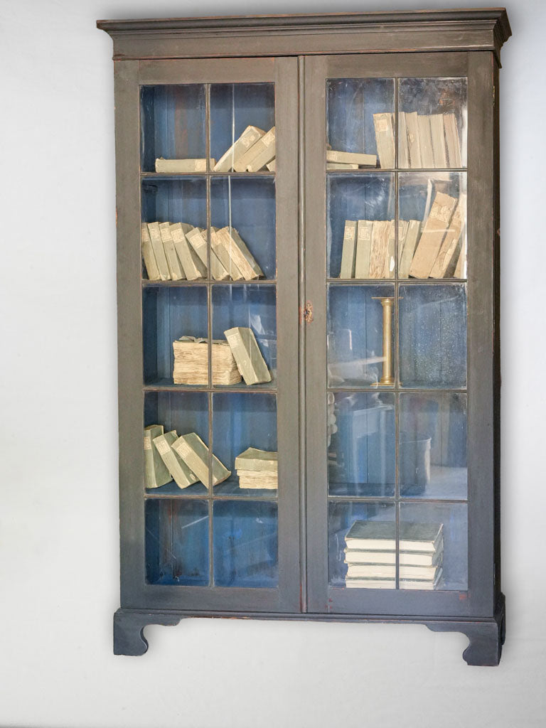 Compact Painted Bookcase w/ Glass Doors in Blue & Black c. 1880 - 78¼" x 47¼"