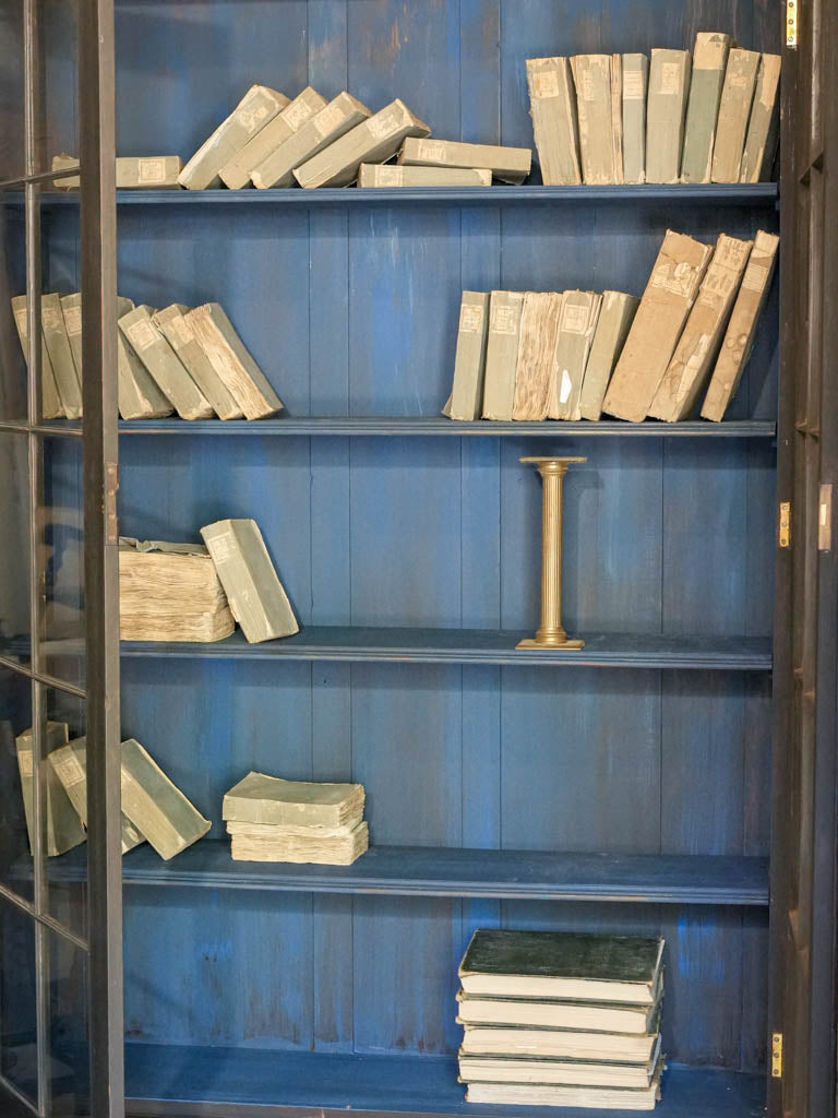 Compact Painted Bookcase w/ Glass Doors in Blue & Black c. 1880 - 78¼" x 47¼"