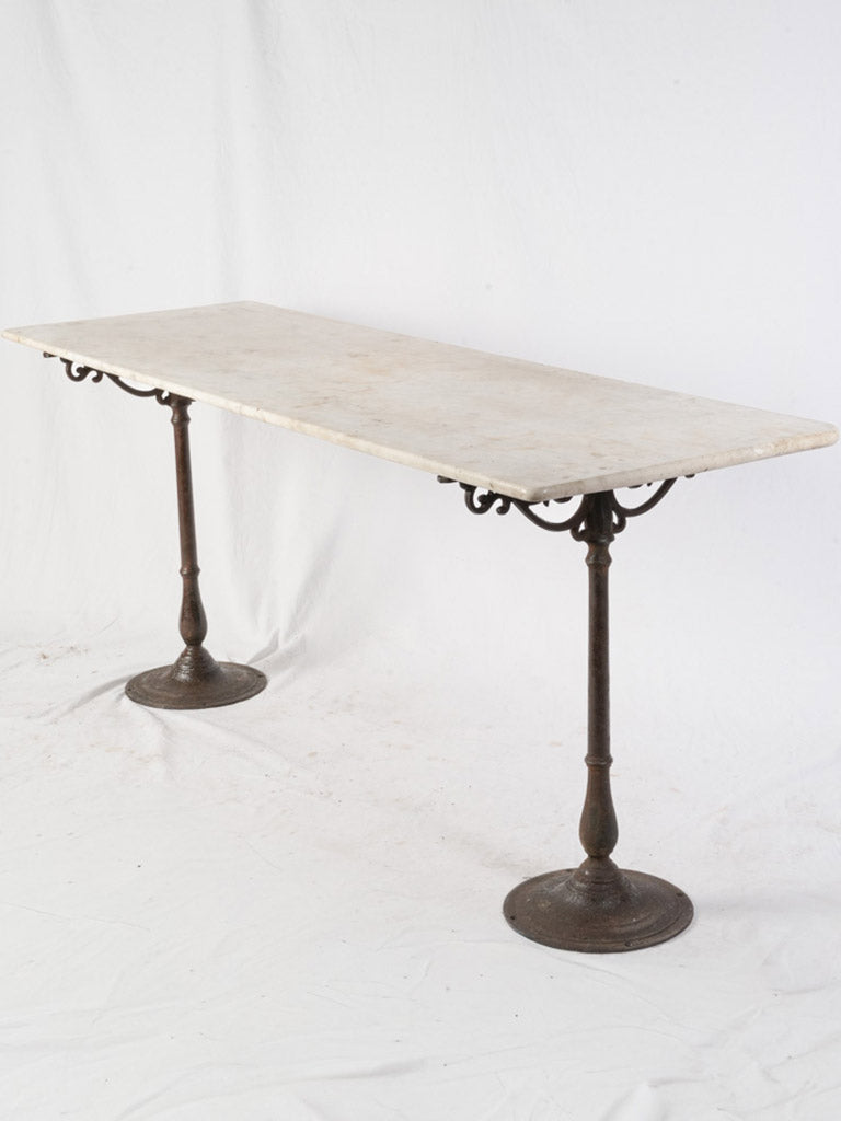 Elegant Console Assembled w/ Marble Top on Belle Époque Cast Iron Bistro Bases - 67¼"