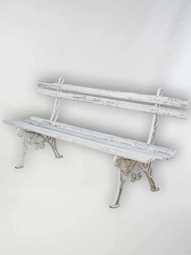 Antique French Cast Iron and Wood Garden Bench w/ Weathered White Finish - 78¾"