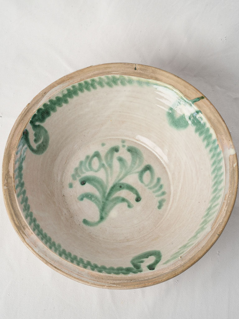 Large 19th Century Spanish Lebrillo Bowl w/ Green Decoration - 17"
