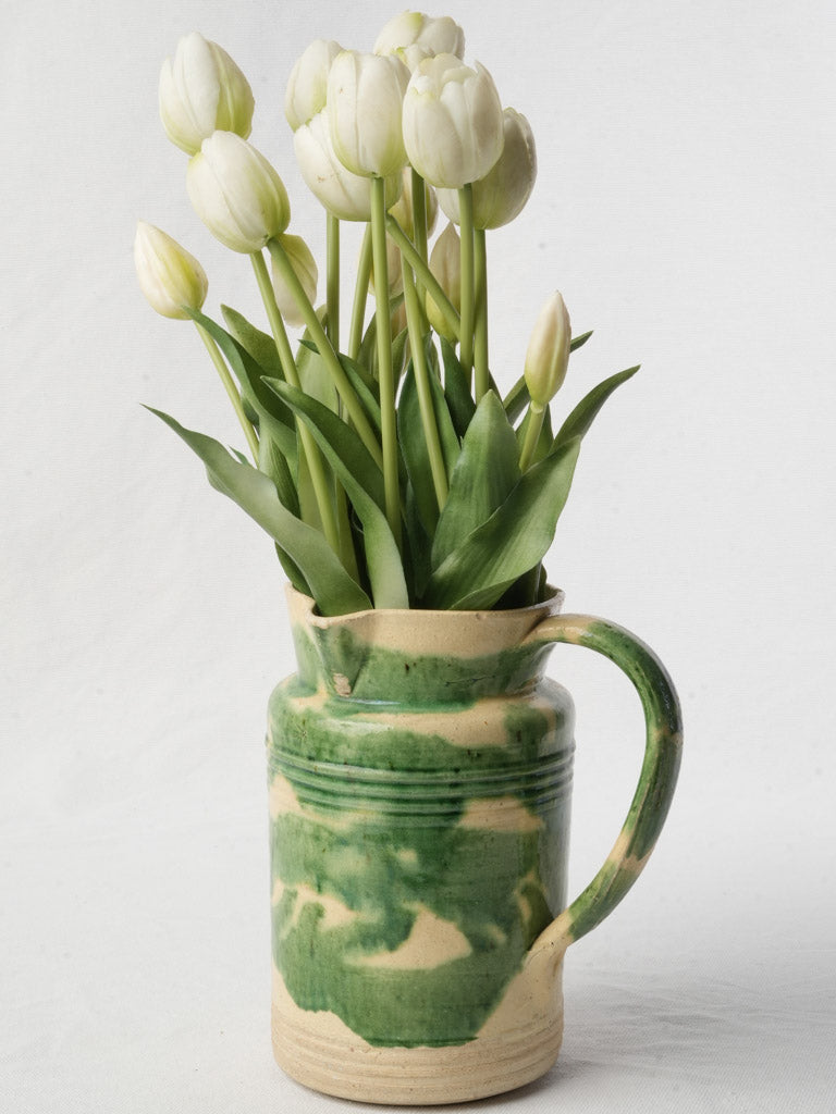 Early 20th Century Dieulefit Pottery Pitcher in Mottled Moss Green Glaze 8"