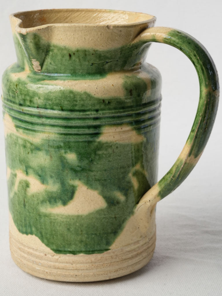 Early 20th Century Dieulefit Pottery Pitcher in Mottled Moss Green Glaze 8"