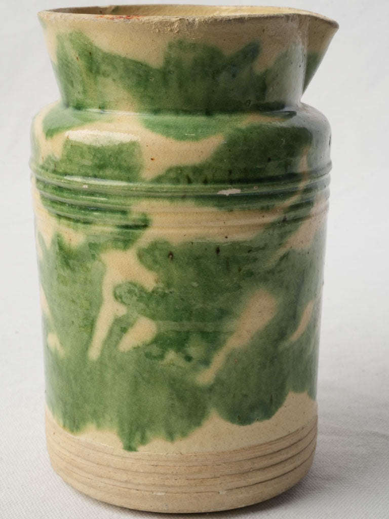 Early 20th Century Dieulefit Pottery Pitcher in Mottled Moss Green Glaze 8"