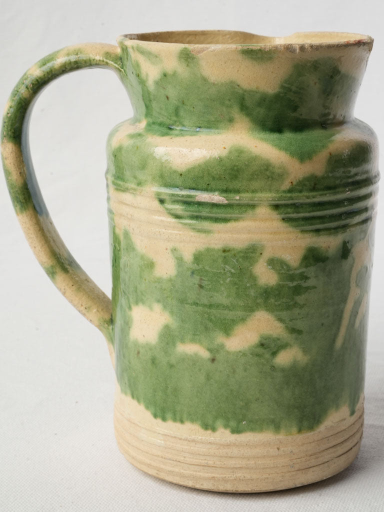 Early 20th Century Dieulefit Pottery Pitcher in Mottled Moss Green Glaze 8"